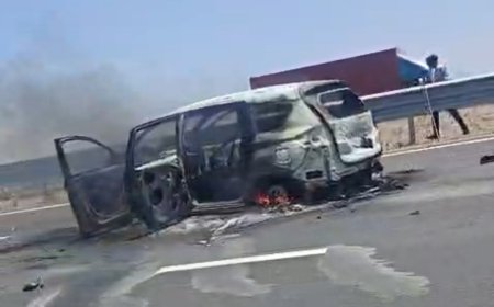 दिल्ली-मुंबई एक्सप्रेस-वे पर भीषण हादसा: ट्राले की टक्कर से CNG कार में आग : चालक की मौत : पिता-बेटी गंभीर