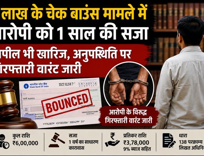 6 लाख के चेक बाउंस मामले में आरोपी को 1 साल की सजा : अपील भी खारिज : अनुपस्थिति पर गिरफ्तारी वारंट जारी