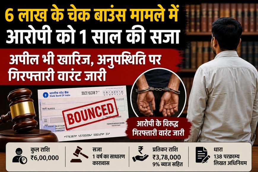6 लाख के चेक बाउंस मामले में आरोपी को 1 साल की सजा : अपील भी खारिज : अनुपस्थिति पर गिरफ्तारी वारंट जारी